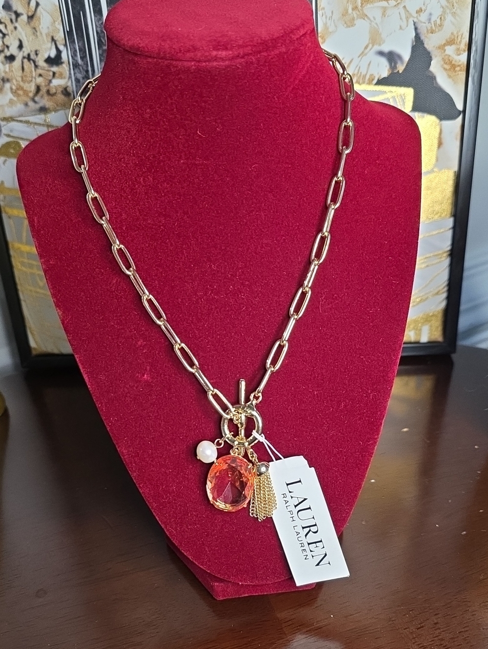 Lauren Ralph Lauren Gold-Tone Chain Necklace with Pink Crystal Charm